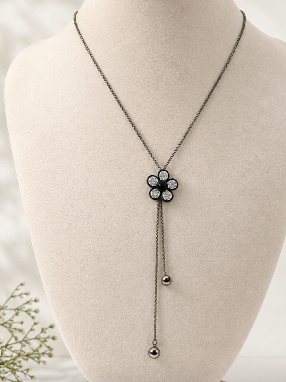 Gunmetal Flower Lariat Necklace with Crystal Accents
